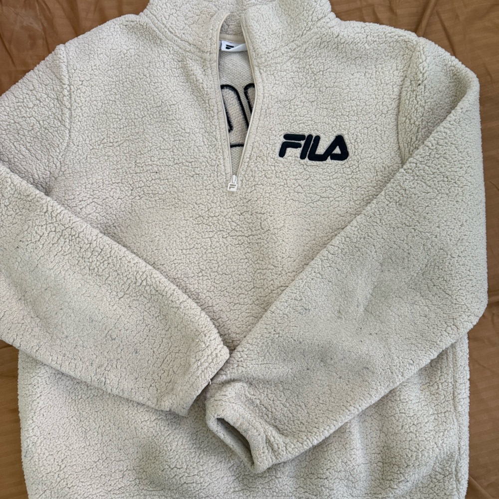 Fila Womens Teddy Sherpa Fleece Pullover Size L Embroidered Logo 1/4 Zip Creamy